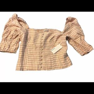 NWT REFORMATION GINGHAM LINEN BACK ZIP SMOCKED PEASANT BOHO BLOUSE TOP 12 M